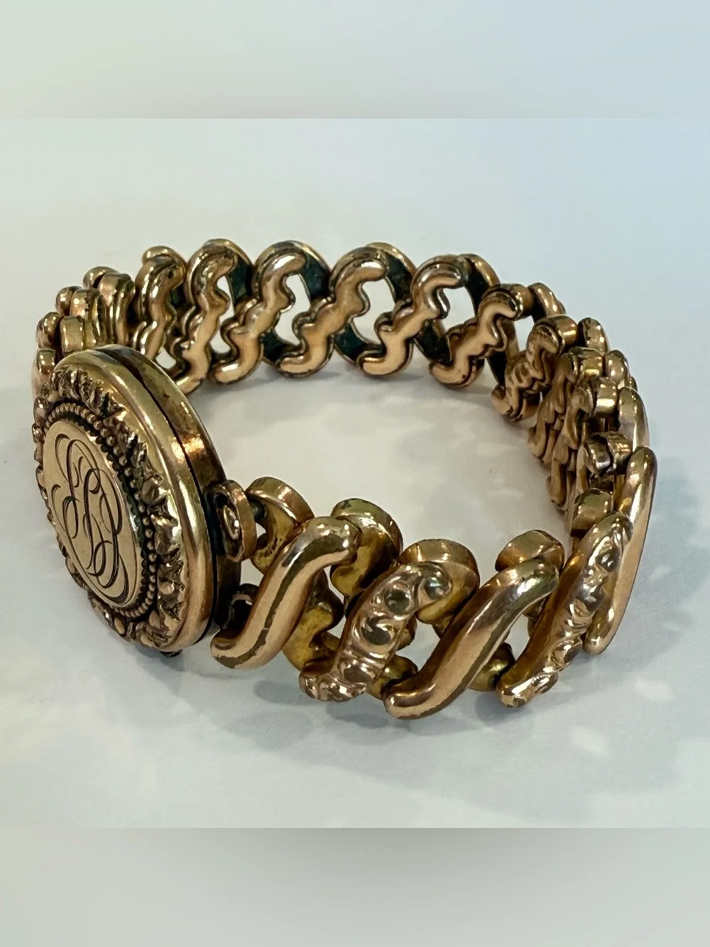 Vintage Rolled Gold Expansion Bracelet Photo Locket Monogram Victorian Style - Picture 2 of 16